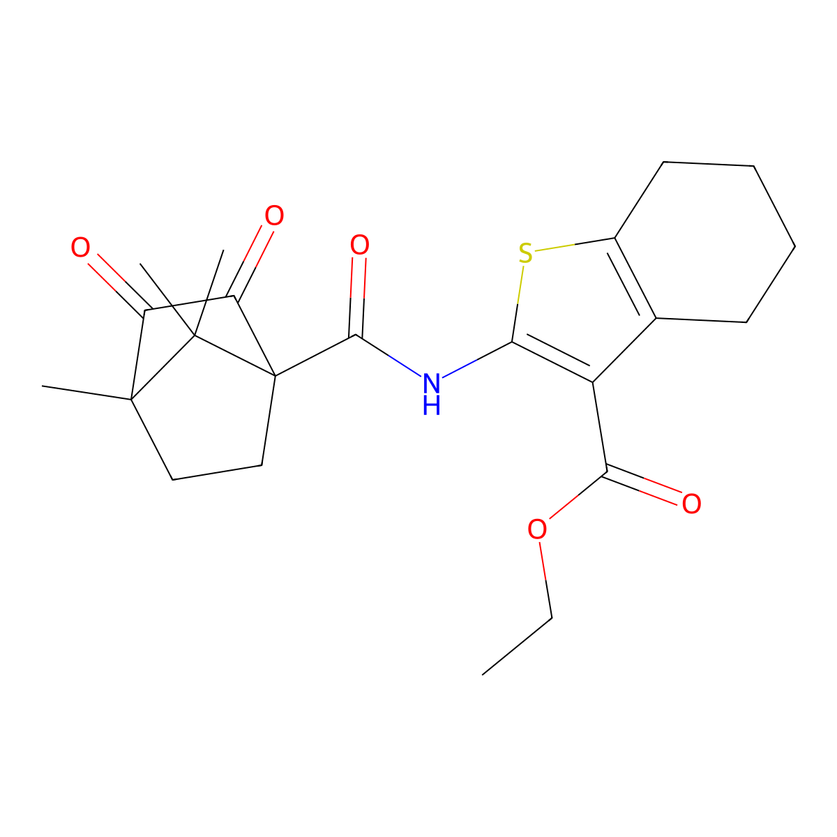 Ethyl 2-{[(4,7,7-trimethyl-2,3-dioxobicyclo[2.2.1]hept-1-yl)carbonyl]amino}-4,5,6,7-tetrahydro-1-benzothiophene-3-carboxylate molecular structure, CAS 1212475-20-1