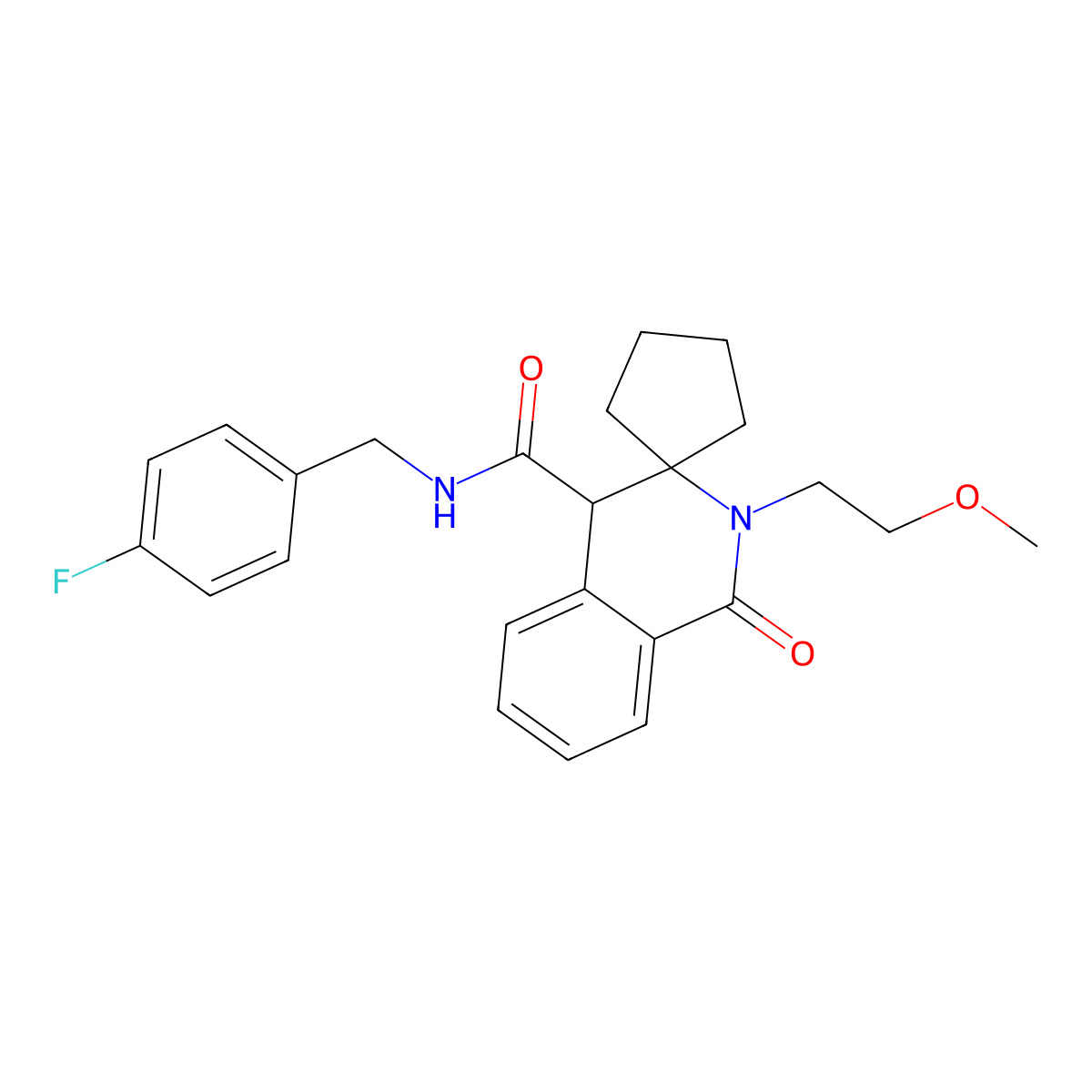 N-(4-fluorobenzyl)-2'-(2-methoxyethyl)-1'-oxo-1',4'-dihydro-2'H-spiro[cyclopentane-1,3'-isoquinoline]-4'-carboxamide molecular structure, CAS 1212475-42-7