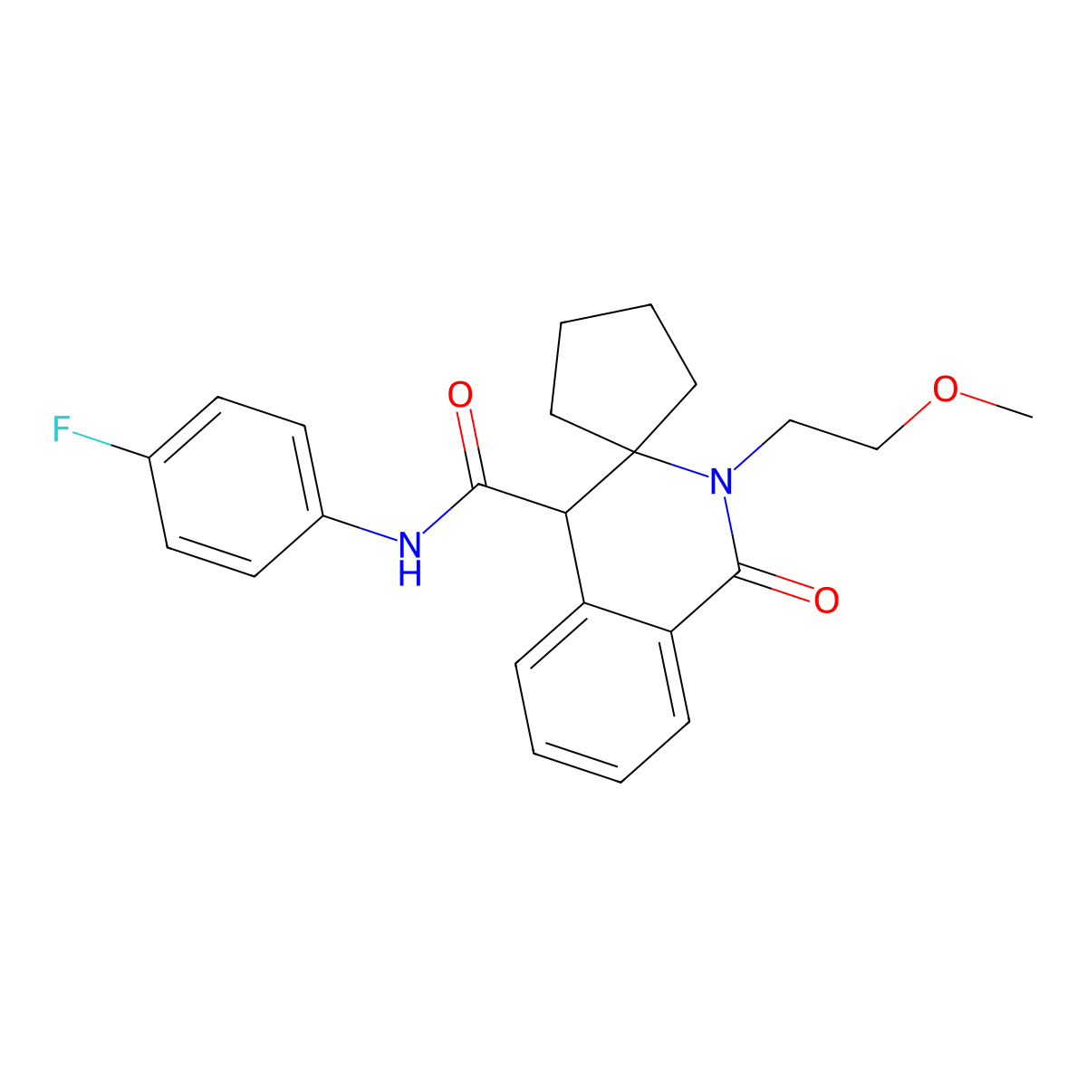 N-(4-fluorophenyl)-2'-(2-methoxyethyl)-1'-oxo-1',4'-dihydro-2'H-spiro[cyclopentane-1,3'-isoquinoline]-4'-carboxamide molecular structure, CAS 1212476-27-1