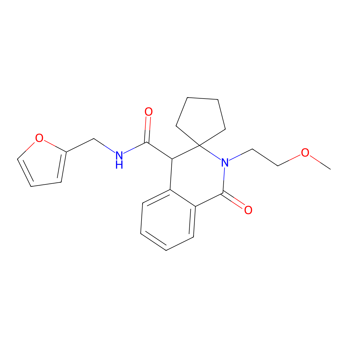N-(furan-2-ylmethyl)-2'-(2-methoxyethyl)-1'-oxo-1',4'-dihydro-2'H-spiro[cyclopentane-1,3'-isoquinoline]-4'-carboxamide molecular structure, CAS 1212476-64-6