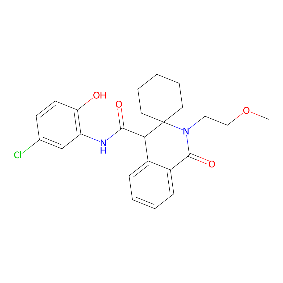 N-(5-chloro-2-hydroxyphenyl)-2'-(2-methoxyethyl)-1'-oxo-1',4'-dihydro-2'H-spiro[cyclohexane-1,3'-isoquinoline]-4'-carboxamide molecular structure, CAS 1212477-40-1