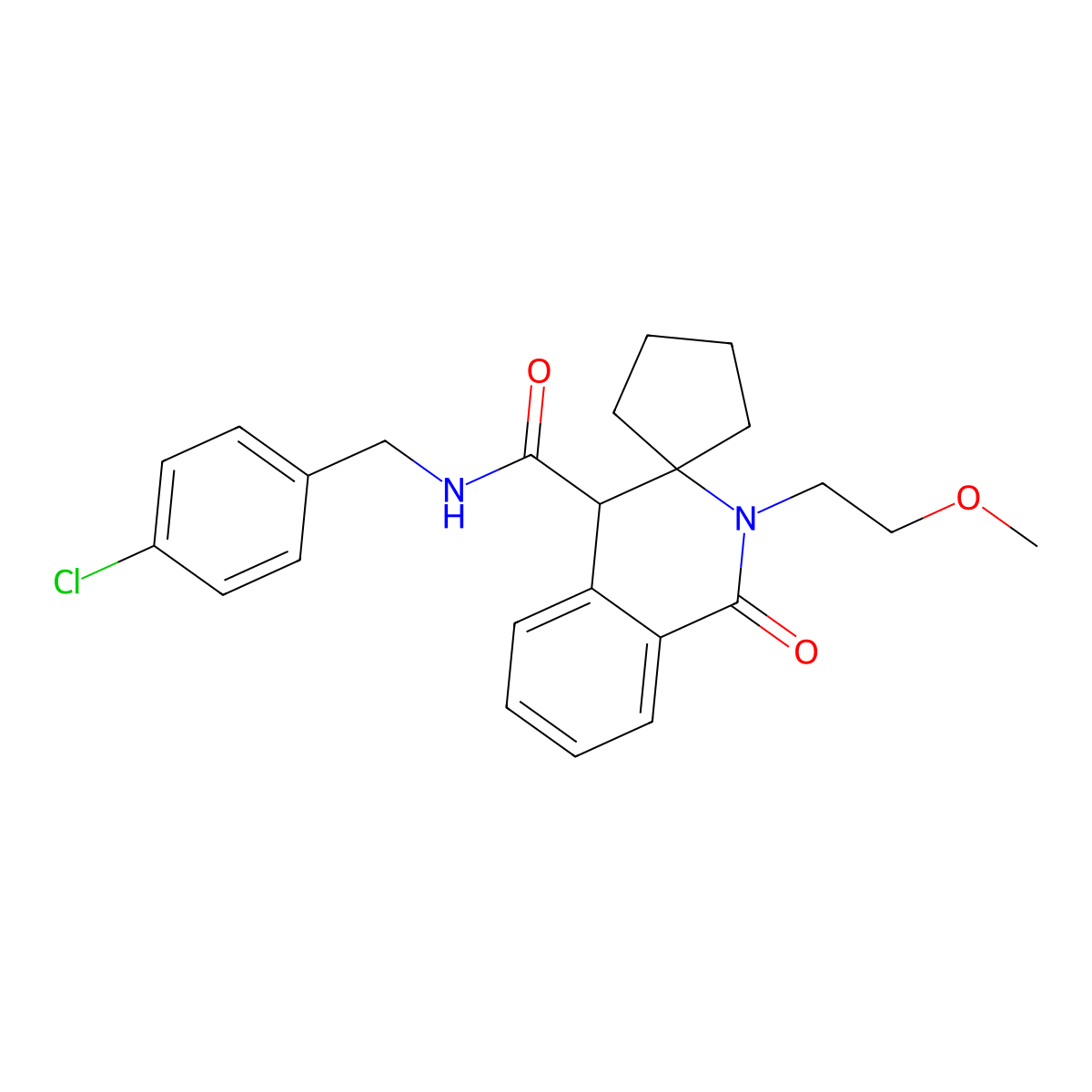 N-(4-chlorobenzyl)-2'-(2-methoxyethyl)-1'-oxo-1',4'-dihydro-2'H-spiro[cyclopentane-1,3'-isoquinoline]-4'-carboxamide molecular structure, CAS 1212480-36-8