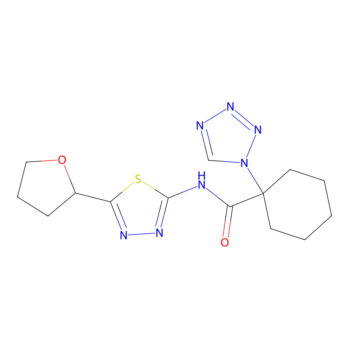 N-[(2Z)-5-(tetrahydrofuran-2-yl)-1,3,4-thiadiazol-2(3H)-ylidene]-1-(1H-tetrazol-1-yl)cyclohexanecarboxamide molecular structure, CAS 1212484-32-6