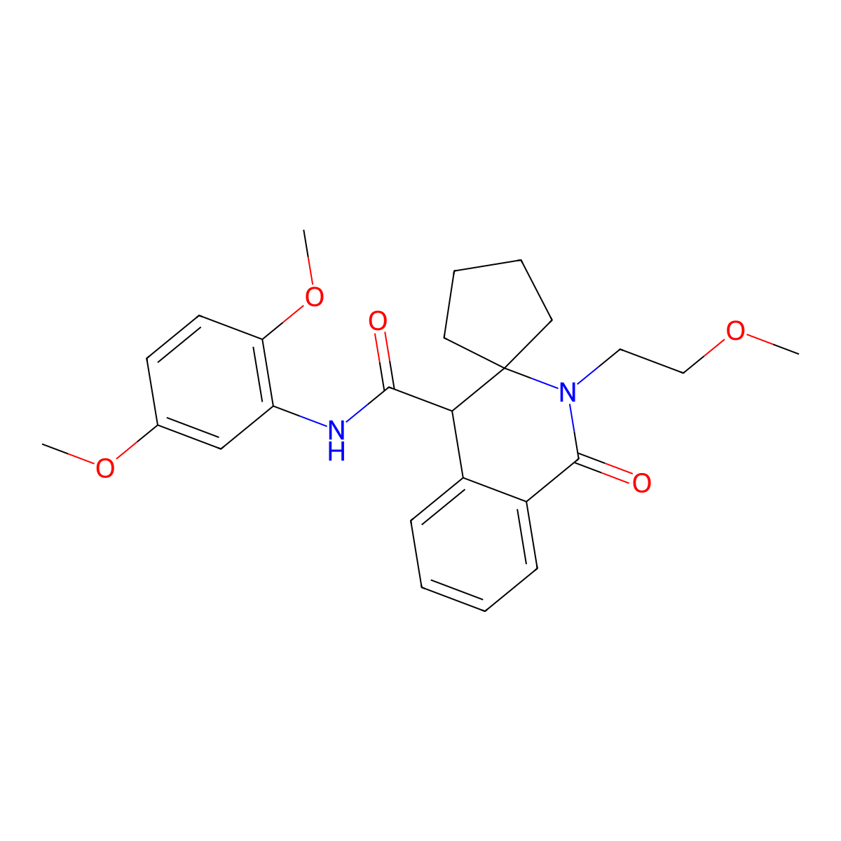 N-(2,5-dimethoxyphenyl)-2'-(2-methoxyethyl)-1'-oxo-1',4'-dihydro-2'H-spiro[cyclopentane-1,3'-isoquinoline]-4'-carboxamide molecular structure, CAS 1212486-53-7