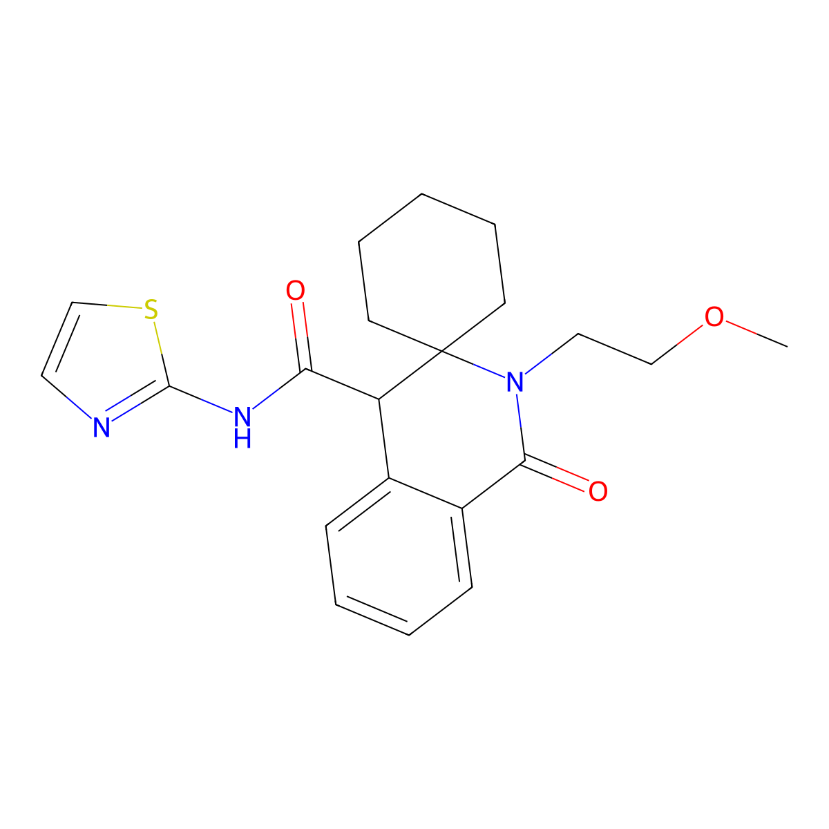 2'-(2-methoxyethyl)-1'-oxo-N-(1,3-thiazol-2-yl)-1',4'-dihydro-2'H-spiro[cyclohexane-1,3'-isoquinoline]-4'-carboxamide molecular structure, CAS 1212487-05-2