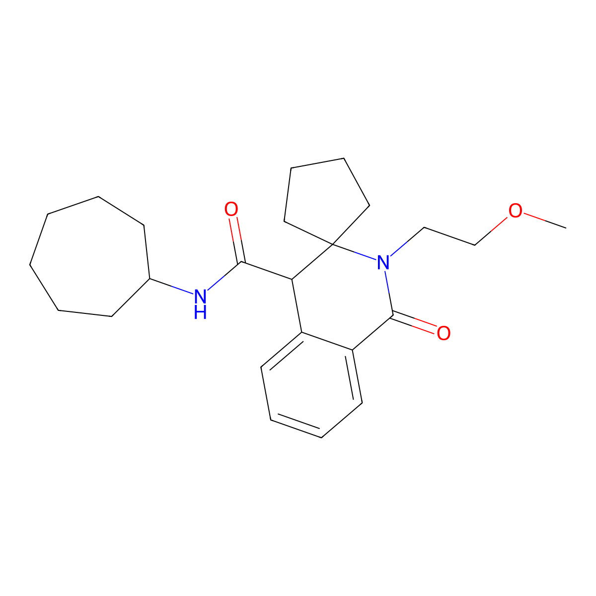 N-cycloheptyl-2'-(2-methoxyethyl)-1'-oxo-1',4'-dihydro-2'H-spiro[cyclopentane-1,3'-isoquinoline]-4'-carboxamide molecular structure, CAS 1212490-37-3