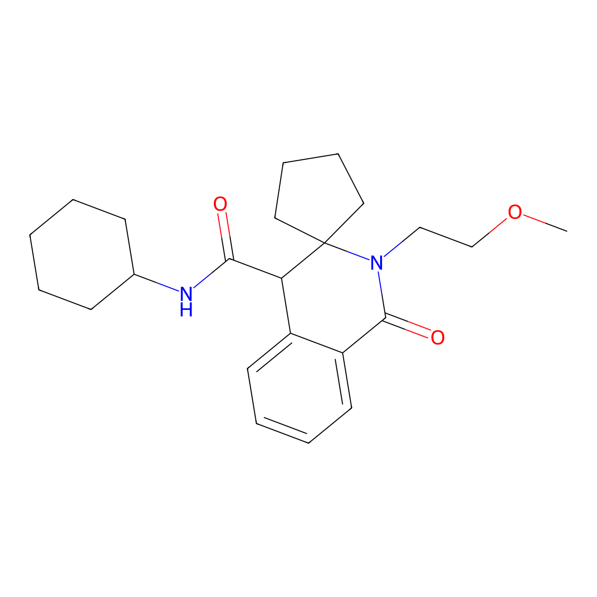 N-cyclohexyl-2'-(2-methoxyethyl)-1'-oxo-1',4'-dihydro-2'H-spiro[cyclopentane-1,3'-isoquinoline]-4'-carboxamide molecular structure, CAS 1212491-36-5