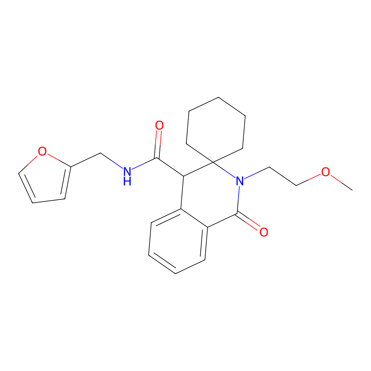 N-(furan-2-ylmethyl)-2'-(2-methoxyethyl)-1'-oxo-1',4'-dihydro-2'H-spiro[cyclohexane-1,3'-isoquinoline]-4'-carboxamide molecular structure, CAS 1212491-99-0