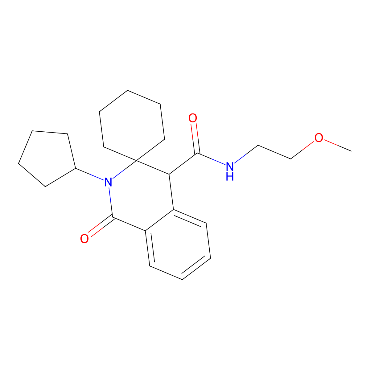 2'-cyclopentyl-N-(2-methoxyethyl)-1'-oxo-1',4'-dihydro-2'H-spiro[cyclohexane-1,3'-isoquinoline]-4'-carboxamide molecular structure, CAS 1212492-71-1