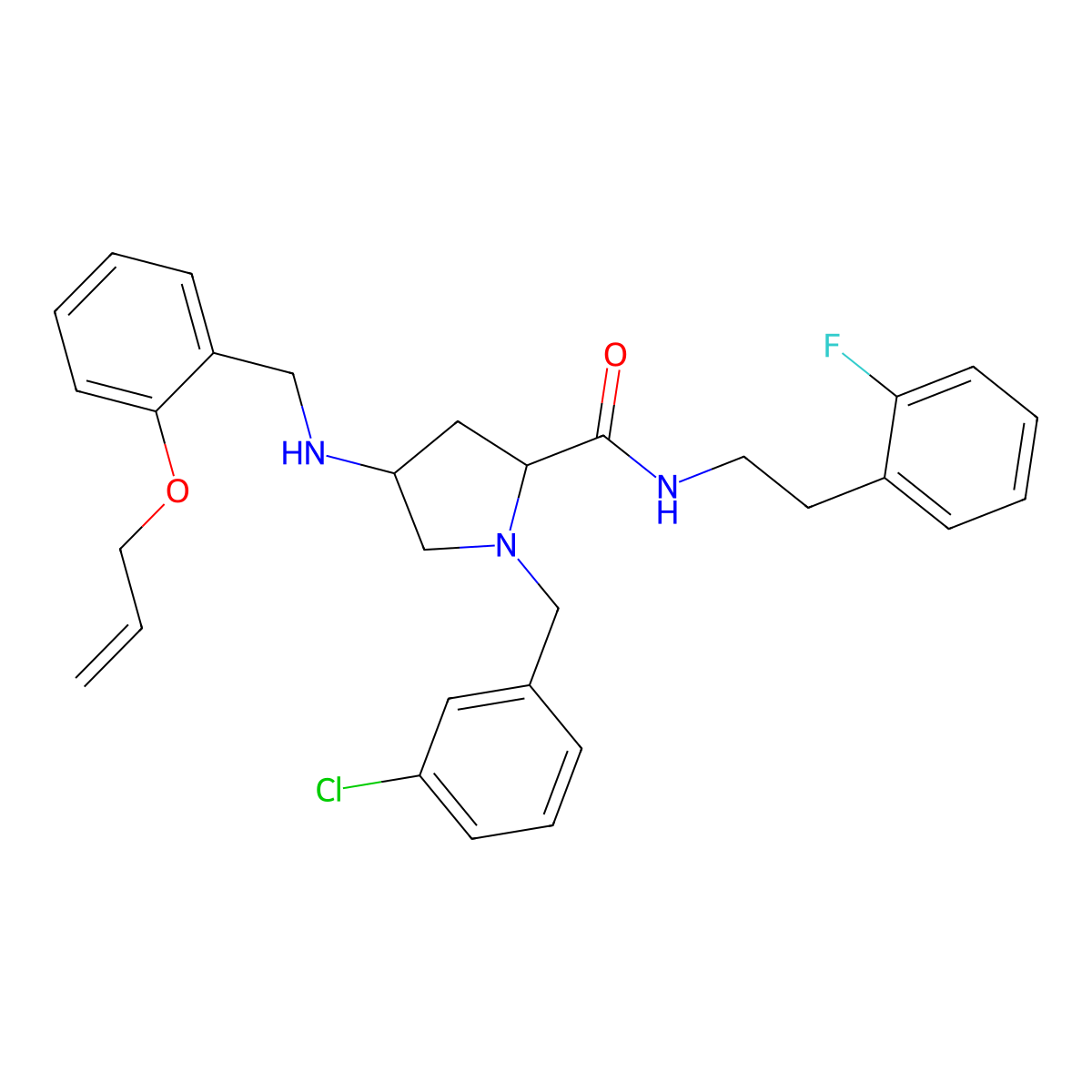 (2S,4S)-1-[(3-Chlorophenyl)methyl]-N-[2-(2-fluorophenyl)ethyl]-4-[[[2-(2-propen-1-yloxy)phenyl]methyl]amino]-2-pyrrolidinecarboxamide molecular structure, CAS 1212582-77-8