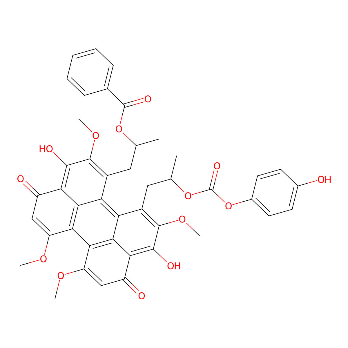 1-[3,10-Dihydroxy-12-(2-{[(4-hydroxyphenoxy)carbonyl]oxy}propyl)-2,6,7,11-tetramethoxy-4,9-dioxo-4,9-dihydroperylen-1-yl]propan-2-yl benzoate molecular structure, CAS 121263-19-2