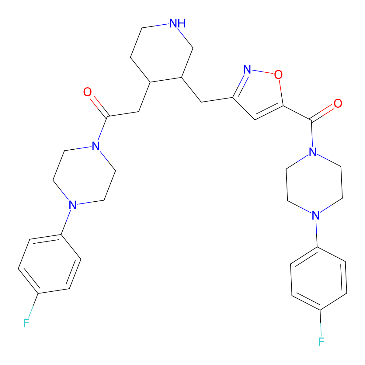 1-(4-(4-Fluorophenyl)piperazin-1-yl)-2-((3R,4S)-3-((5-(4-(4-fluorophenyl)piperazine-1-carbonyl)isoxazol-3-yl)methyl)piperidin-4-yl)ethanone molecular structure, CAS 1212636-94-6
