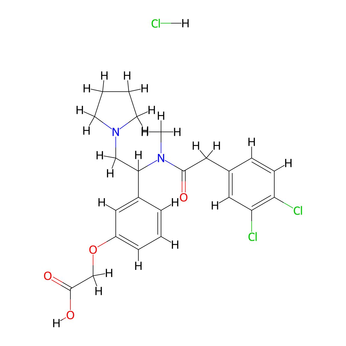 2-(3-(1-((2-(3,4-Dichlorophenyl)acetyl)methylamino)-2-(1-pyrrolidinyl)ethyl)phenoxy)acetic acid hydrochloride (1:1) molecular structure, CAS 121264-04-8