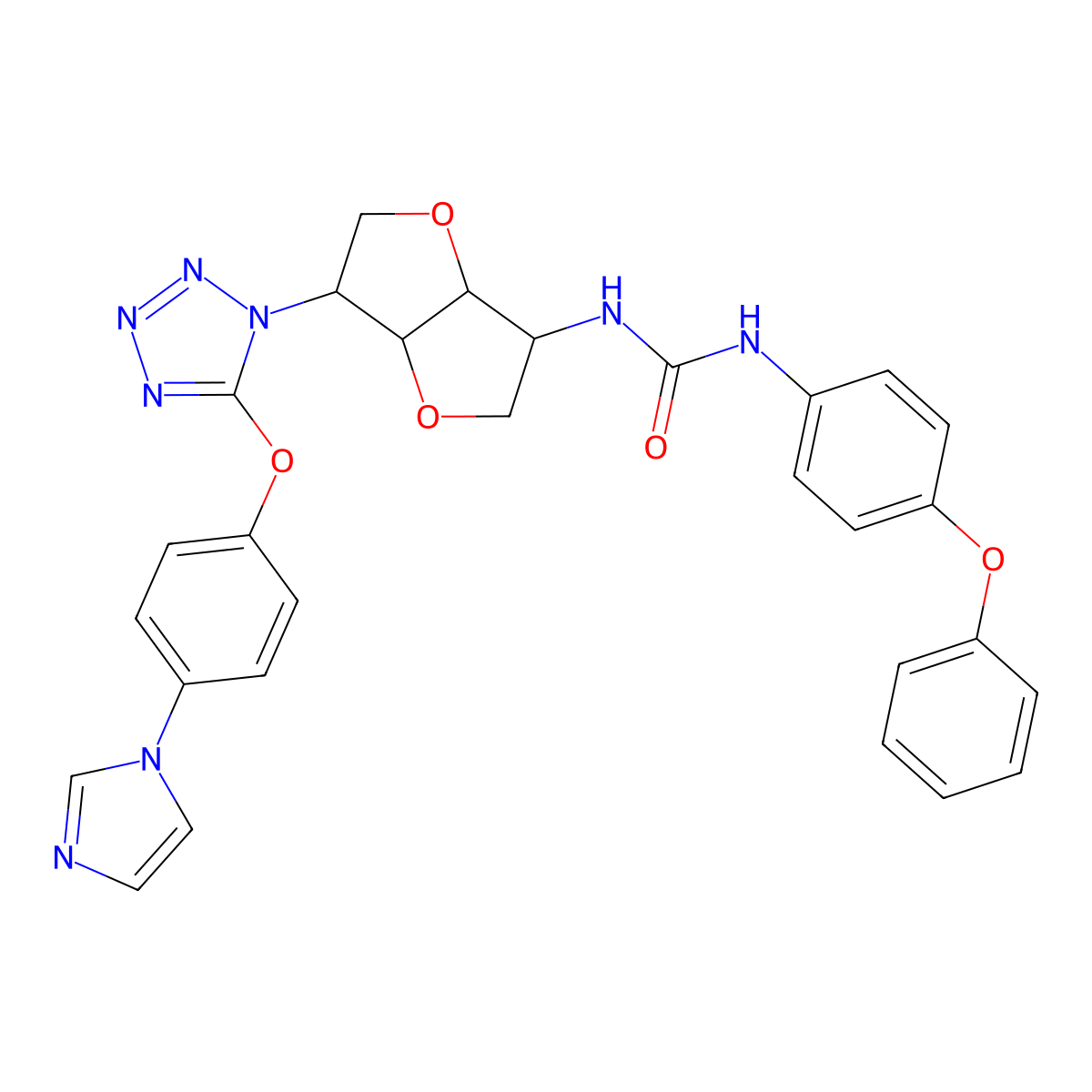 1-[(3S,3AR,6S,6aR)-6-[5-(4-imidazol-1-ylphenoxy)tetrazol-1-yl]-2,3,3a,5,6,6a-hexahydrofuro[2,3-d]furan-3-yl]-3-(4-phenoxyphenyl)urea molecular structure, CAS 1212673-47-6