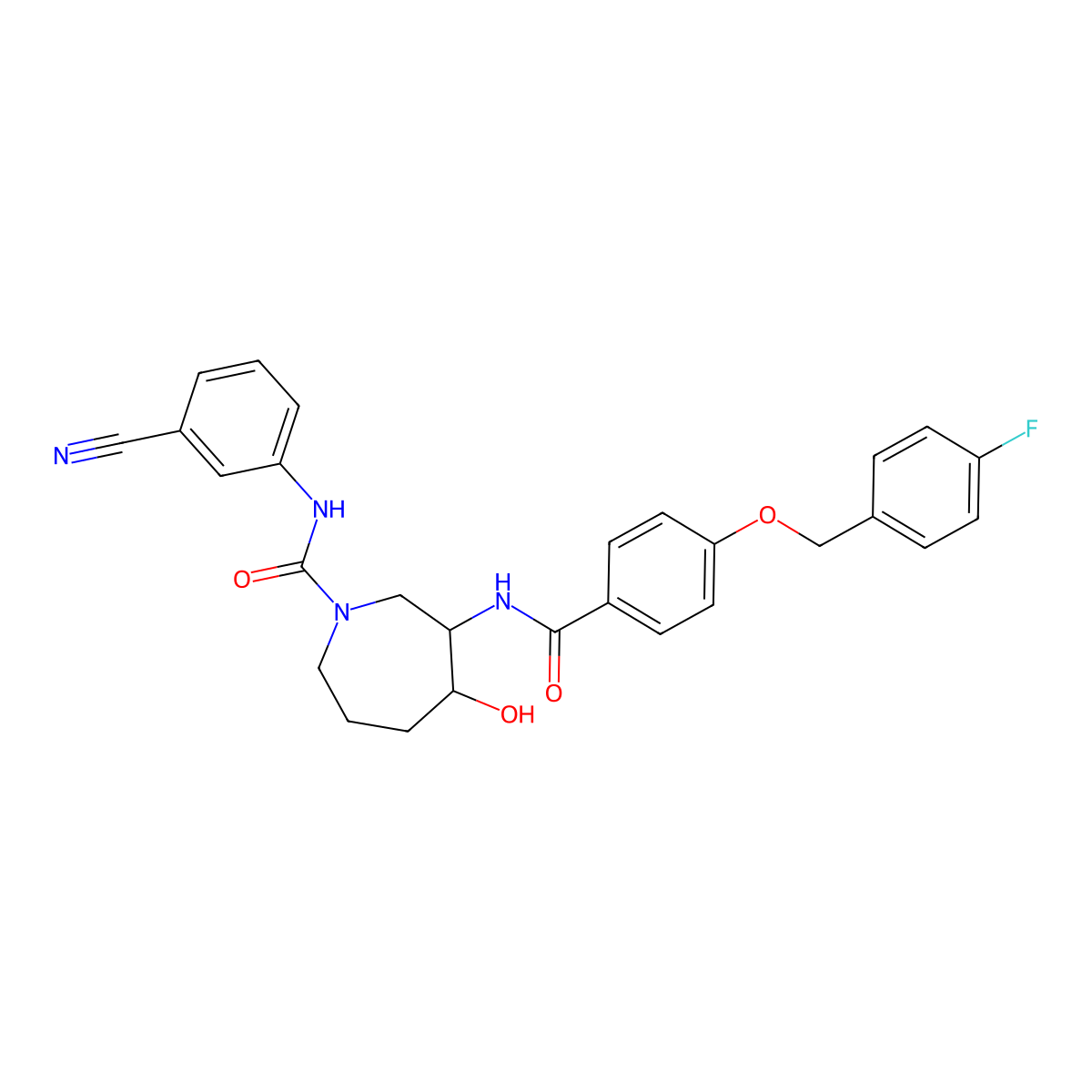 (3R,4R)-N-(3-Cyanophenyl)-3-[[4-[(4-fluorophenyl)methoxy]benzoyl]amino]hexahydro-4-hydroxy-1H-azepine-1-carboxamide molecular structure, CAS 1212679-29-2