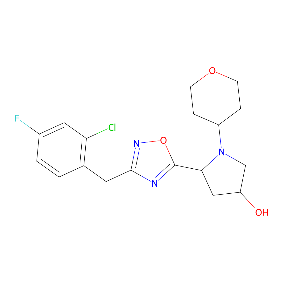 (3R,5S)-5-(3-(2-Chloro-4-fluorobenzyl)-1,2,4-oxadiazol-5-yl)-1-(tetrahydro-2H-pyran-4-yl)pyrrolidin-3-ol molecular structure, CAS 1212704-54-5