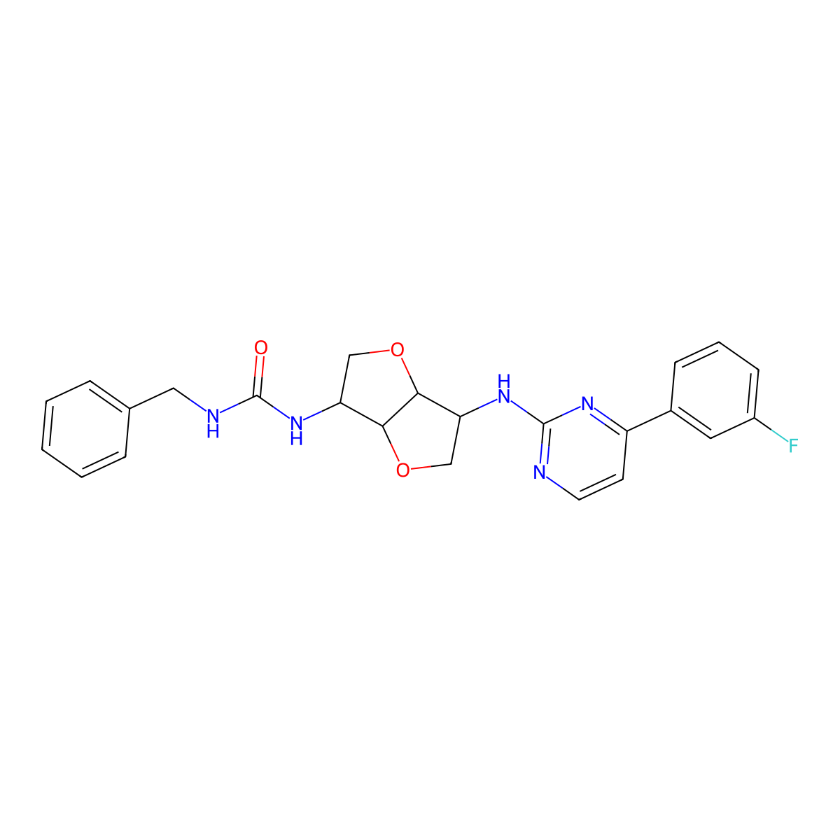 1-[(3S,3aR,6S,6aR)-3-[[4-(3-fluorophenyl)pyrimidin-2-yl]amino]-2,3,3a,5,6,6a-hexahydrofuro[3,2-b]furan-6-yl]-3-benzylurea molecular structure, CAS 1212711-91-5