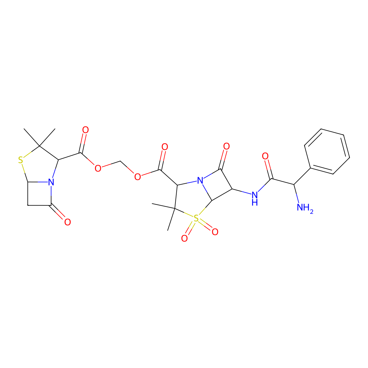 (2S,5R,6R)-(((2S,5R)-3,3-Dimethyl-7-oxo-4-thia-1-azabicyclo[3.2.0]heptane-2-carbonyl)oxy)methyl 6-((R)-2-amino-2-phenylacetamido)-3,3-dimethyl-7-oxo-4-thia-1-azabicyclo[3.2.0]heptane-2-carboxylate 4,4-dioxide molecular structure, CAS 1213008-58-2