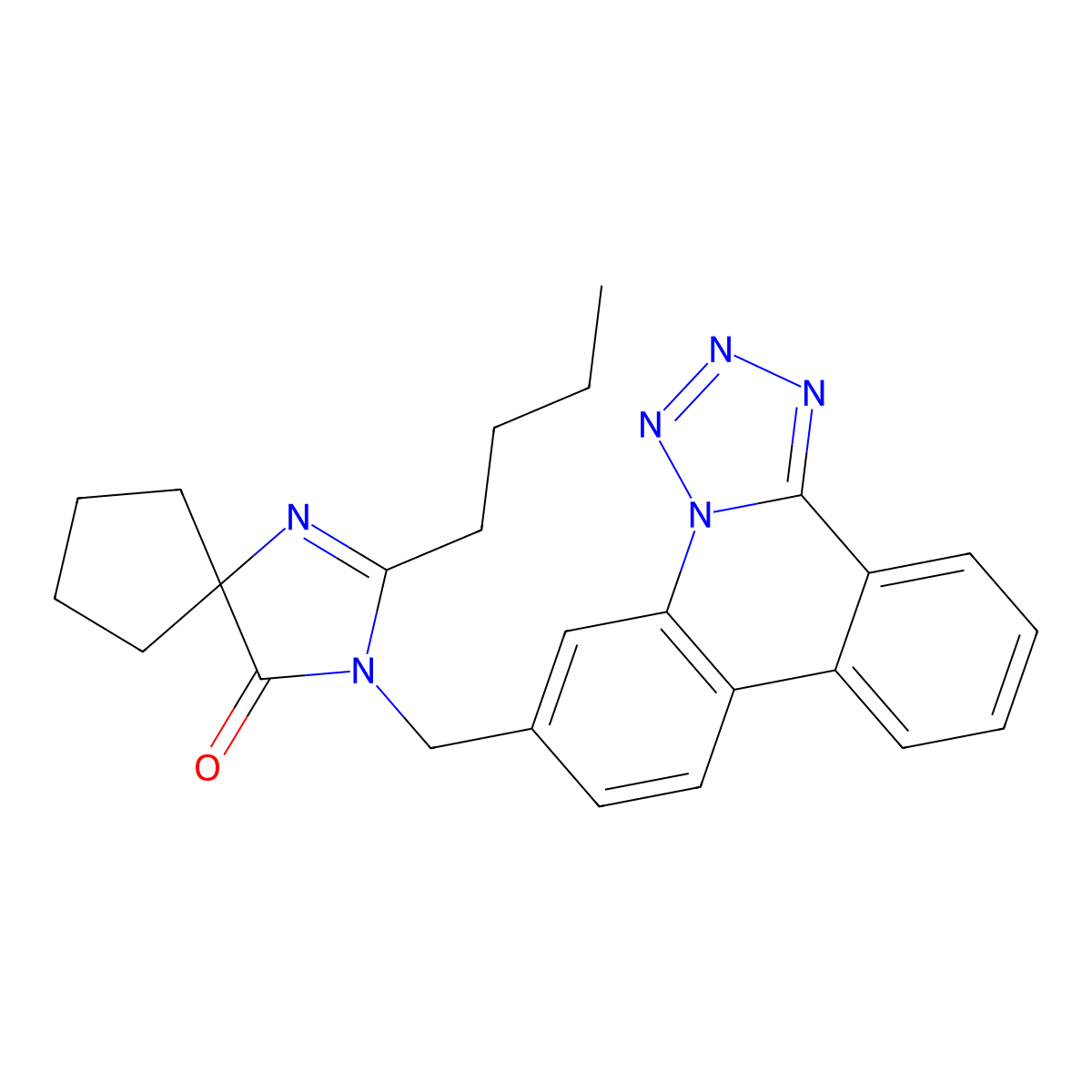 2-Butyl-3-(tetrazolo[1,5-f]phenanthridin-6-ylmethyl)-1,3-diazaspiro[4.4]non-1-en-4-one molecular structure, CAS 1213252-83-5