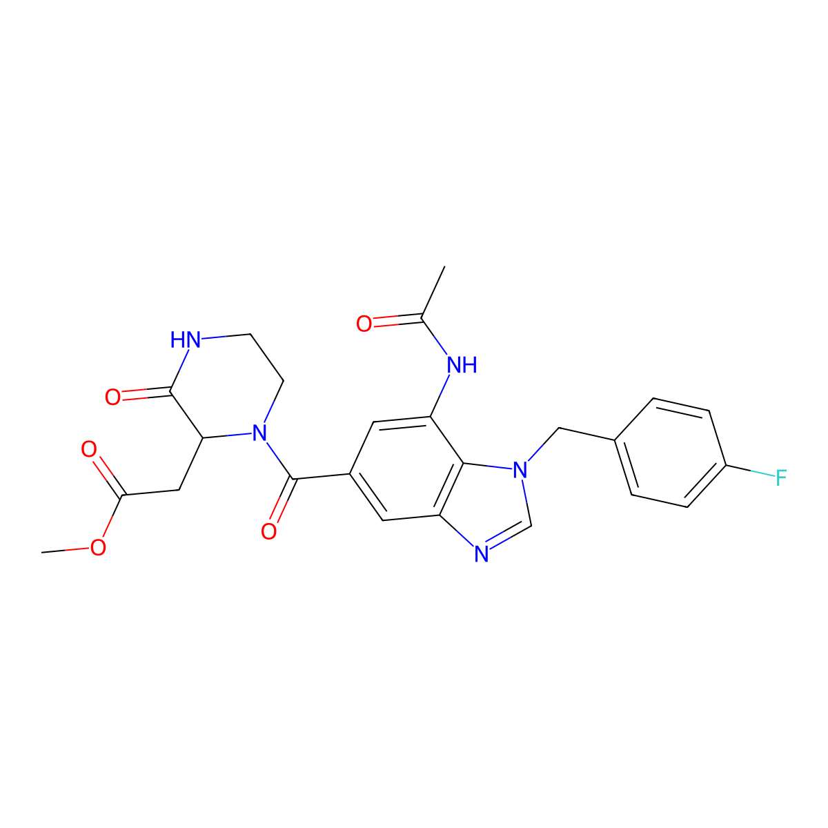 methyl (1-{[7-(acetylamino)-1-(4-fluorobenzyl)-1H-benzimidazol-5-yl]carbonyl}-3-oxo-2-piperazinyl)acetate molecular structure, CAS 1214036-21-1