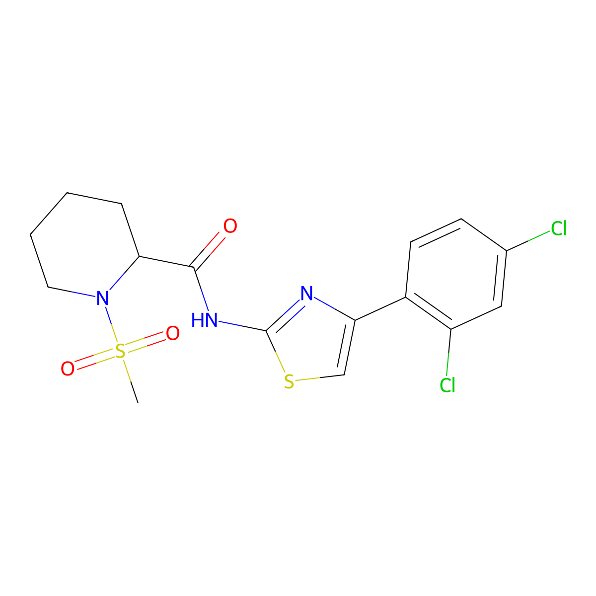 N-(4-(2,4-dichlorophenyl)thiazol-2-yl)-1-(methylsulfonyl)piperidine-2-carboxamide molecular structure, CAS 1214091-17-4