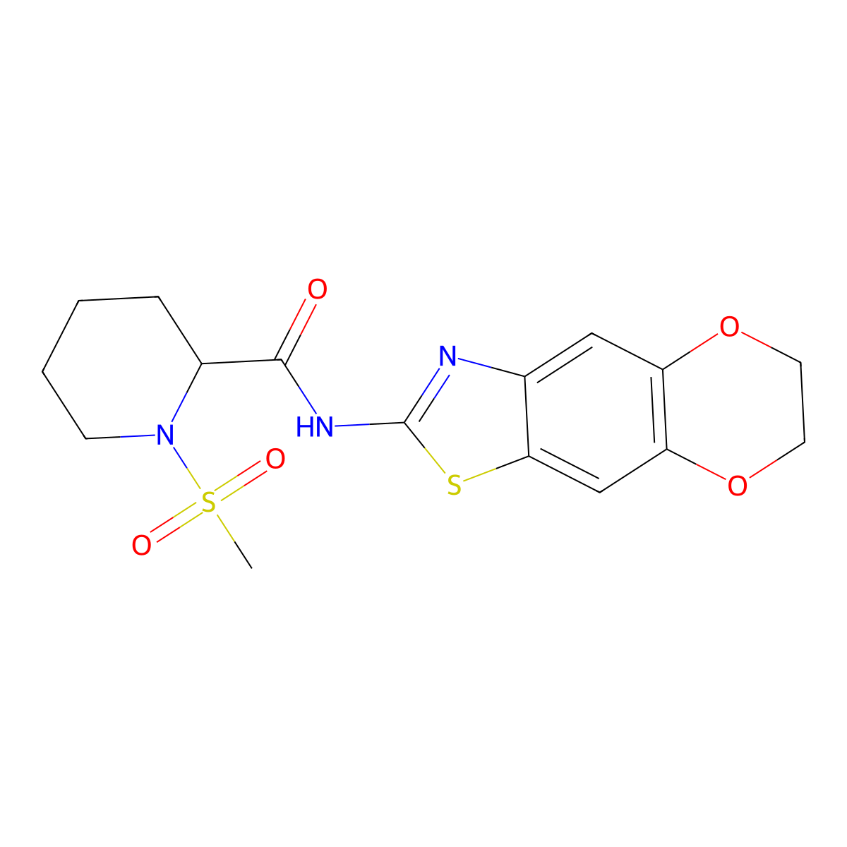 N-{10,13-dioxa-4-thia-6-azatricyclo[7.4.0.0^{3,7}]trideca-1,3(7),5,8-tetraen-5-yl}-1-methanesulfonylpiperidine-2-carboxamide molecular structure, CAS 1214099-39-4