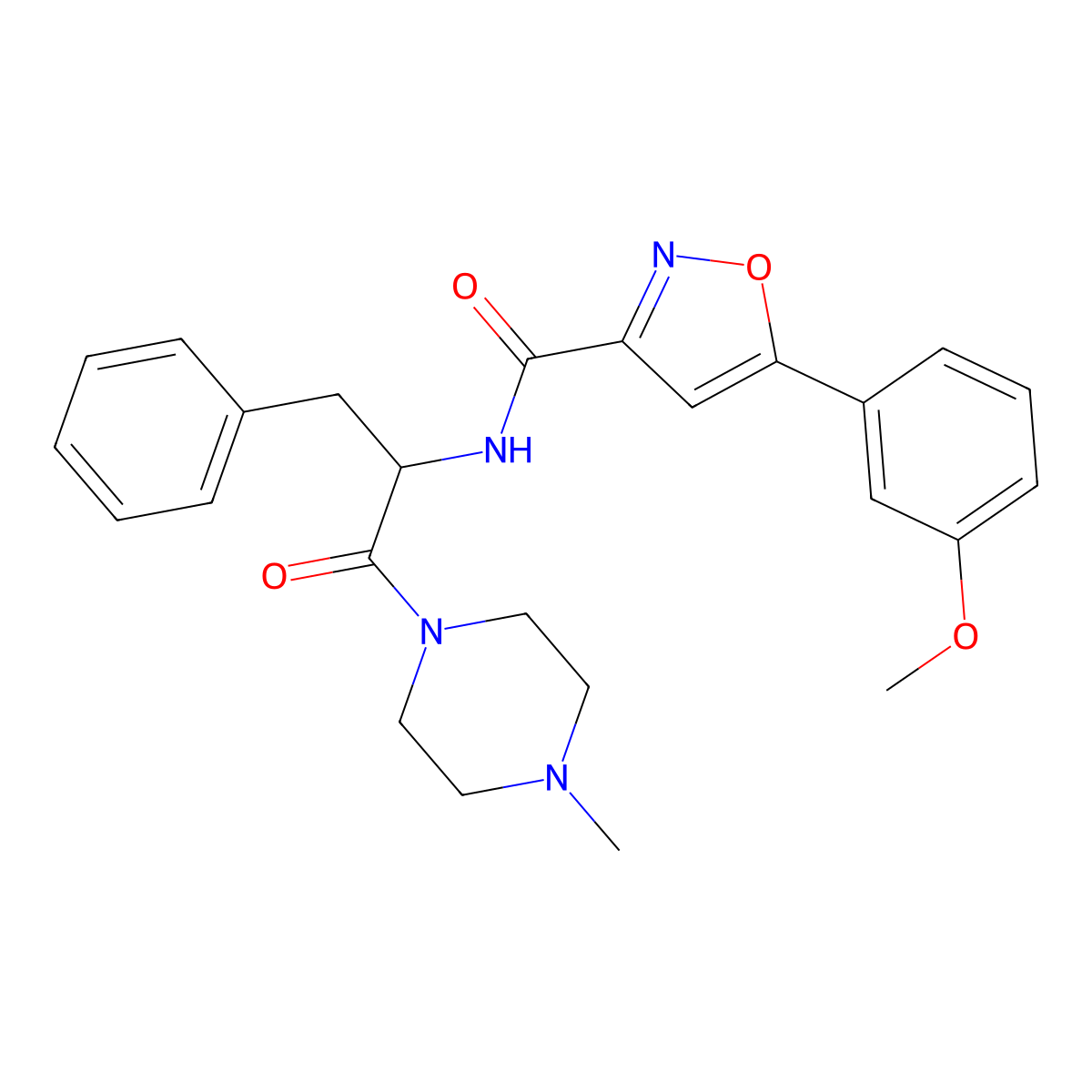 N-[1-benzyl-2-(4-methylpiperazino)-2-oxoethyl]-5-(3-methoxyphenyl)-3-isoxazolecarboxamide molecular structure, CAS 1214114-28-9