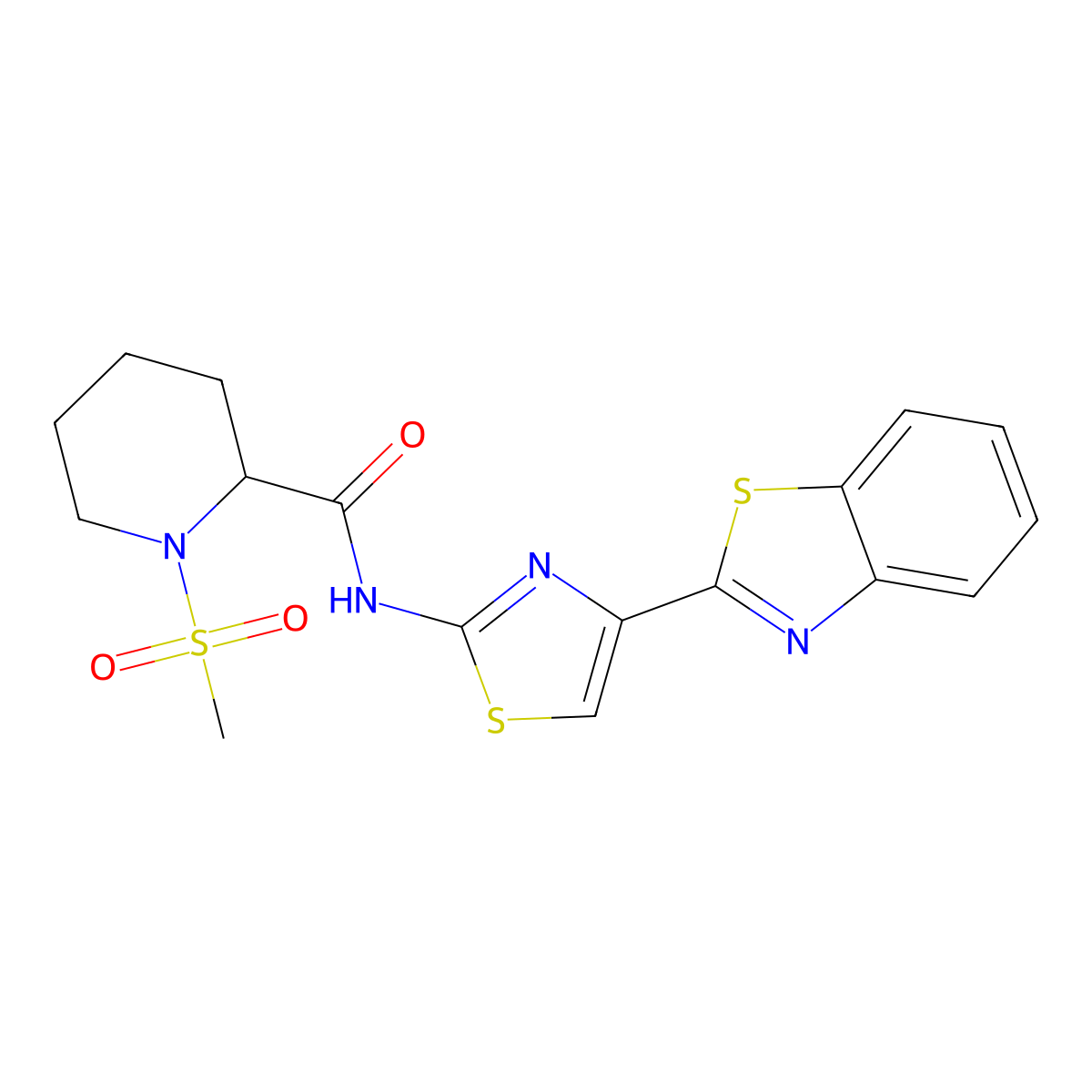 N-(4-(benzo[d]thiazol-2-yl)thiazol-2-yl)-1-(methylsulfonyl)piperidine-2-carboxamide molecular structure, CAS 1214132-94-1
