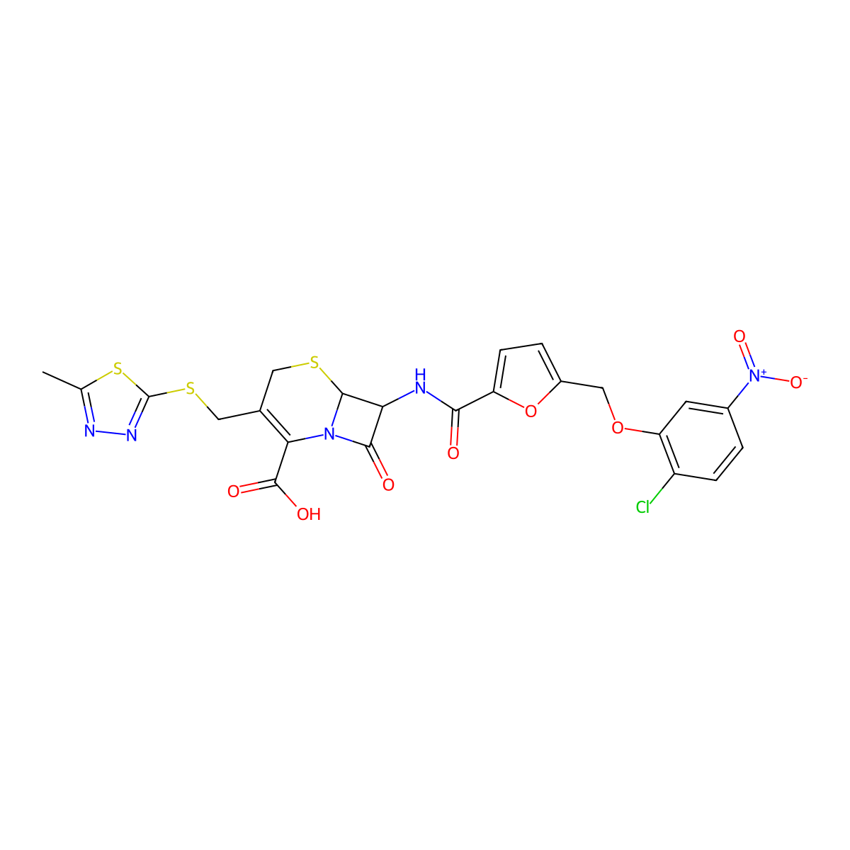 7-[({5-[(2-Chloro-5-nitrophenoxy)methyl]furan-2-yl}carbonyl)amino]-3-{[(5-methyl-1,3,4-thiadiazol-2-yl)sulfanyl]methyl}-8-oxo-5-thia-1-azabicyclo[4.2.0]oct-2-ene-2-carboxylic acid molecular structure, CAS 1214158-42-5