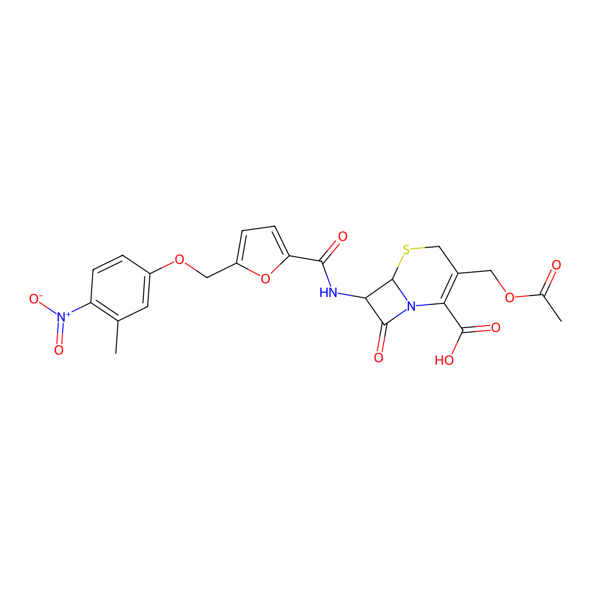 3-[(Acetyloxy)methyl]-7-[({5-[(3-methyl-4-nitrophenoxy)methyl]furan-2-yl}carbonyl)amino]-8-oxo-5-thia-1-azabicyclo[4.2.0]oct-2-ene-2-carboxylic acid molecular structure, CAS 1214161-75-7