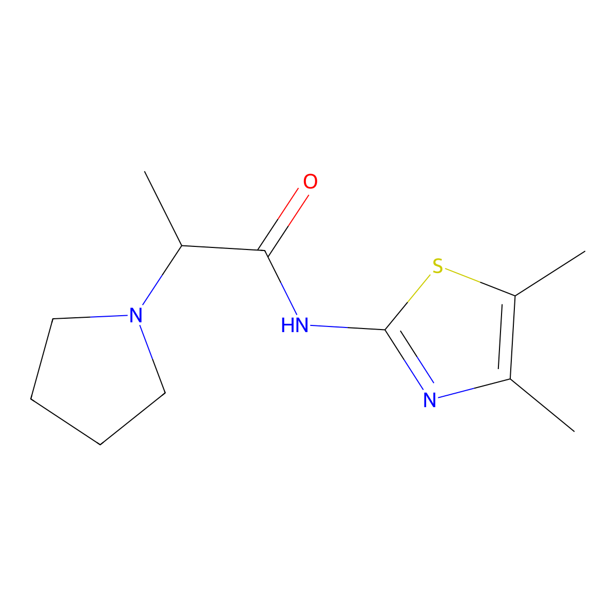 N-(4,5-dimethyl-1,3-thiazol-2-yl)-2-(pyrrolidin-1-yl)propanamide molecular structure, CAS 1214171-82-0