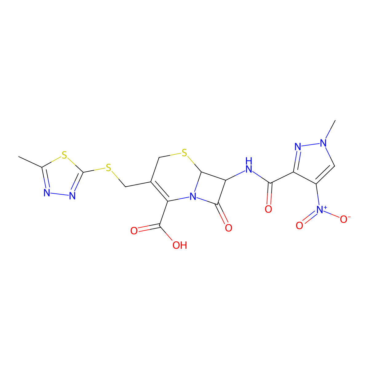 7-{[(1-methyl-4-nitro-1H-pyrazol-3-yl)carbonyl]amino}-3-{[(5-methyl-1,3,4-thiadiazol-2-yl)sulfanyl]methyl}-8-oxo-5-thia-1-azabicyclo[4.2.0]oct-2-ene-2-carboxylic acid molecular structure, CAS 1214188-45-0