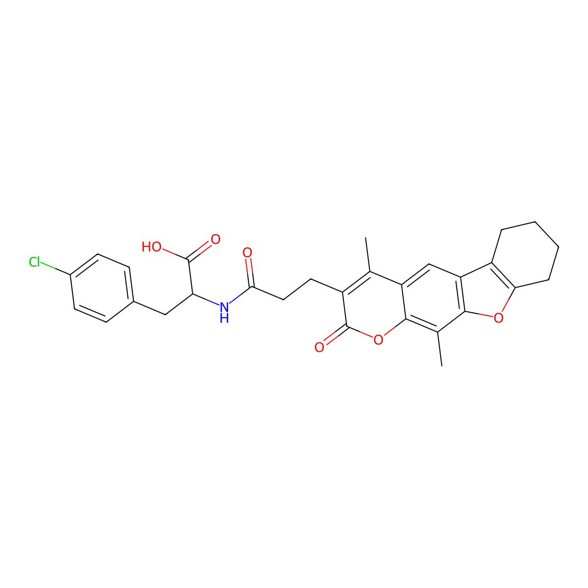 4-chloro-N-[3-(4,11-dimethyl-2-oxo-6,7,8,9-tetrahydro-2H-[1]benzofuro[3,2-g]chromen-3-yl)propanoyl]phenylalanine molecular structure, CAS 1214196-56-1