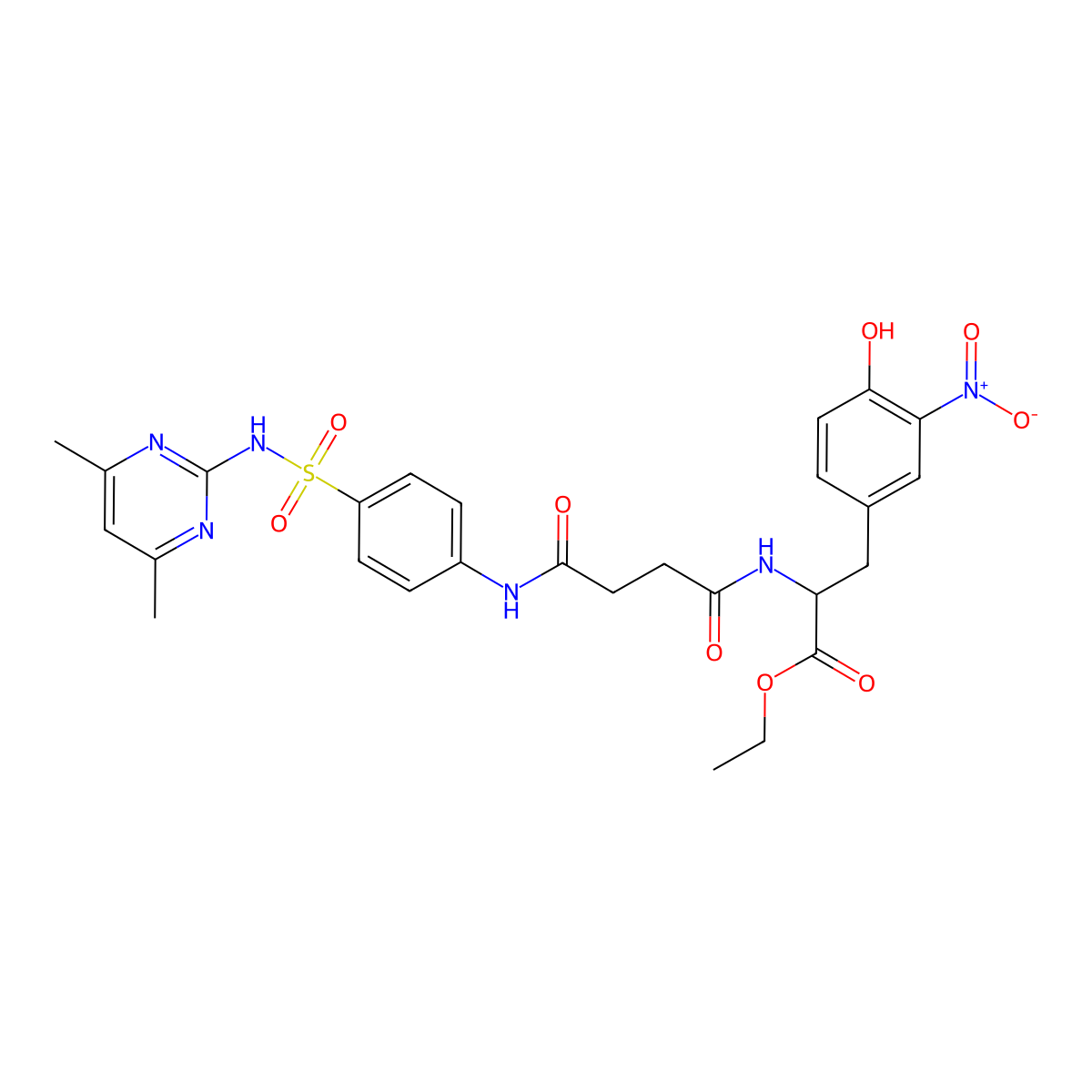 Ethyl 2-[[4-[4-[(4,6-dimethylpyrimidin-2-yl)sulfamoyl]anilino]-4-oxobutanoyl]amino]-3-(4-hydroxy-3-nitrophenyl)propanoate molecular structure, CAS 1214214-83-1