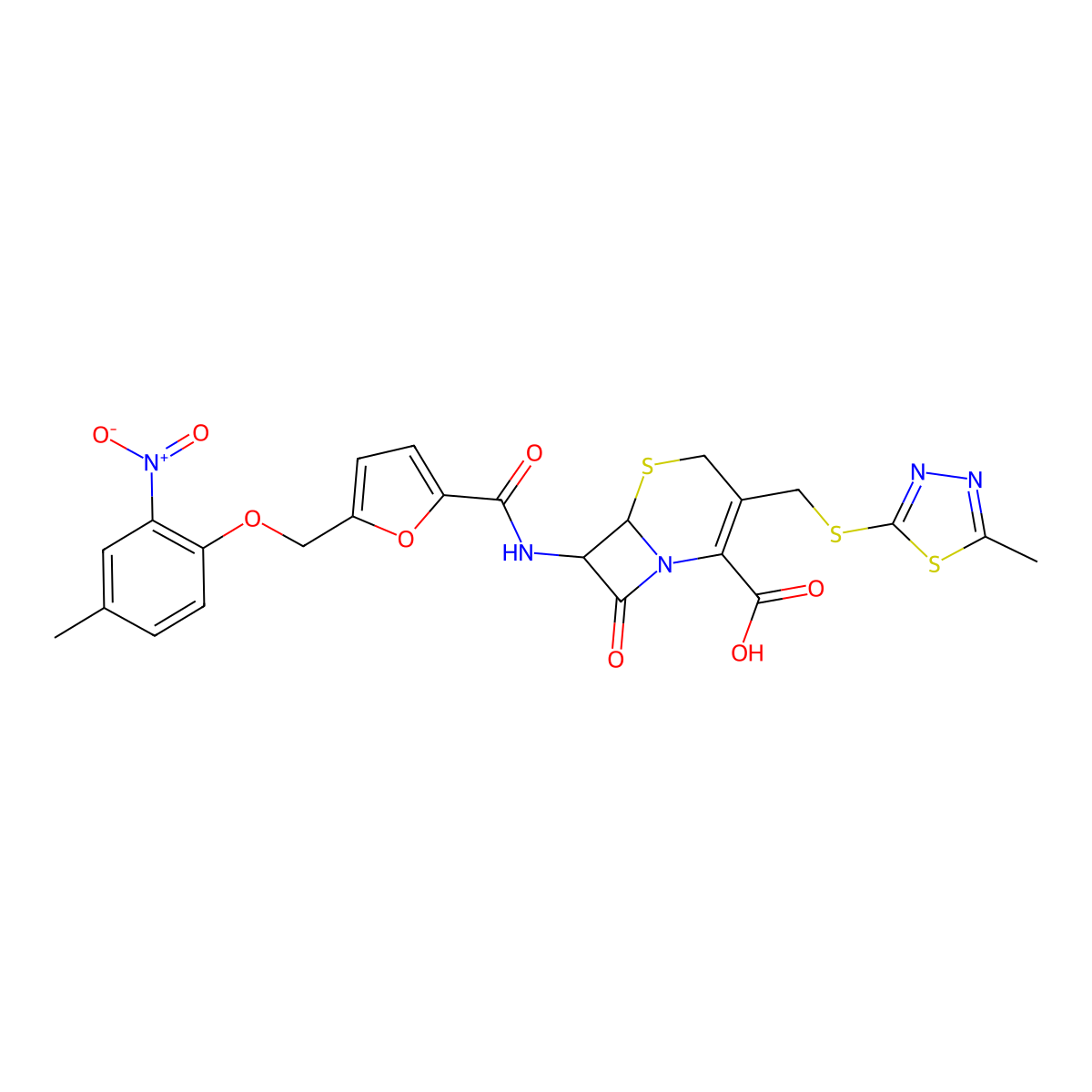7-[({5-[(4-Methyl-2-nitrophenoxy)methyl]furan-2-yl}carbonyl)amino]-3-{[(5-methyl-1,3,4-thiadiazol-2-yl)sulfanyl]methyl}-8-oxo-5-thia-1-azabicyclo[4.2.0]oct-2-ene-2-carboxylic acid molecular structure, CAS 1214227-21-0