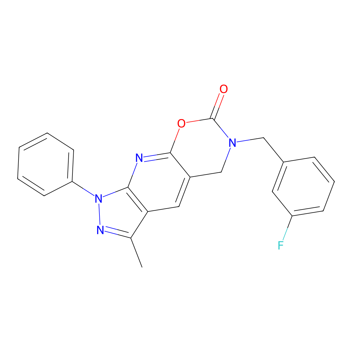 6-(3-fluorobenzyl)-3-methyl-1-phenyl-5,6-dihydropyrazolo[4',3':5,6]pyrido[3,2-e][1,3]oxazin-7(1H)-one molecular structure, CAS 1214393-24-4