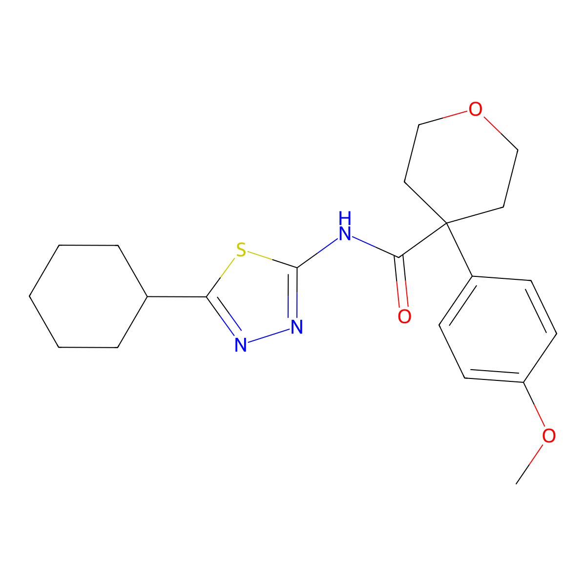 N-(5-cyclohexyl-1,3,4-thiadiazol-2-yl)-4-(4-methoxyphenyl)tetrahydro-2H-pyran-4-carboxamide molecular structure, CAS 1214472-87-3