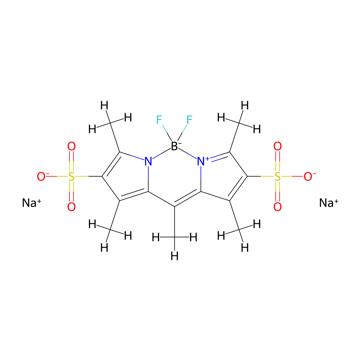 (((3,5-dimethyl-4-sulfo-1h-pyrrol-2-yl)(3,5-dimethyl-4-sulfo-2h-pyrrol-2-ylidene)methyl)methane)(difluoroborane) disodium salt molecular structure, CAS 121461-69-6