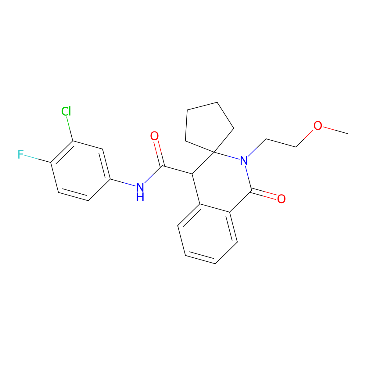 N-(3-chloro-4-fluorophenyl)-2'-(2-methoxyethyl)-1'-oxo-1',4'-dihydro-2'H-spiro[cyclopentane-1,3'-isoquinoline]-4'-carboxamide molecular structure, CAS 1214625-46-3