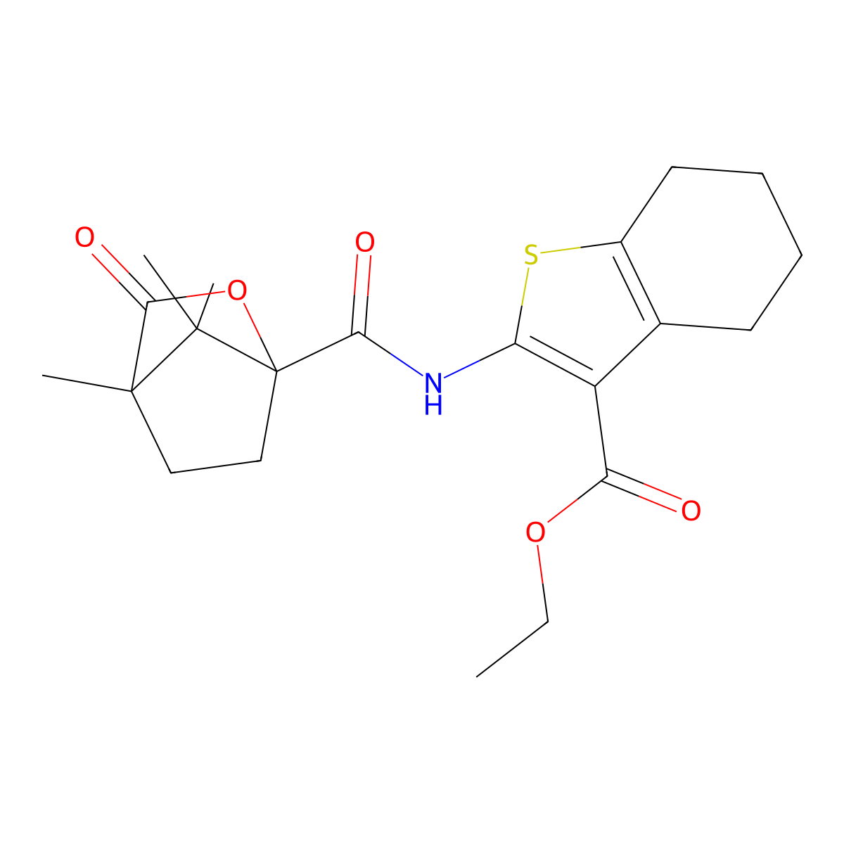 Ethyl 2-{[(4,7,7-trimethyl-3-oxo-2-oxabicyclo[2.2.1]hept-1-yl)carbonyl]amino}-4,5,6,7-tetrahydro-1-benzothiophene-3-carboxylate molecular structure, CAS 1214628-36-0