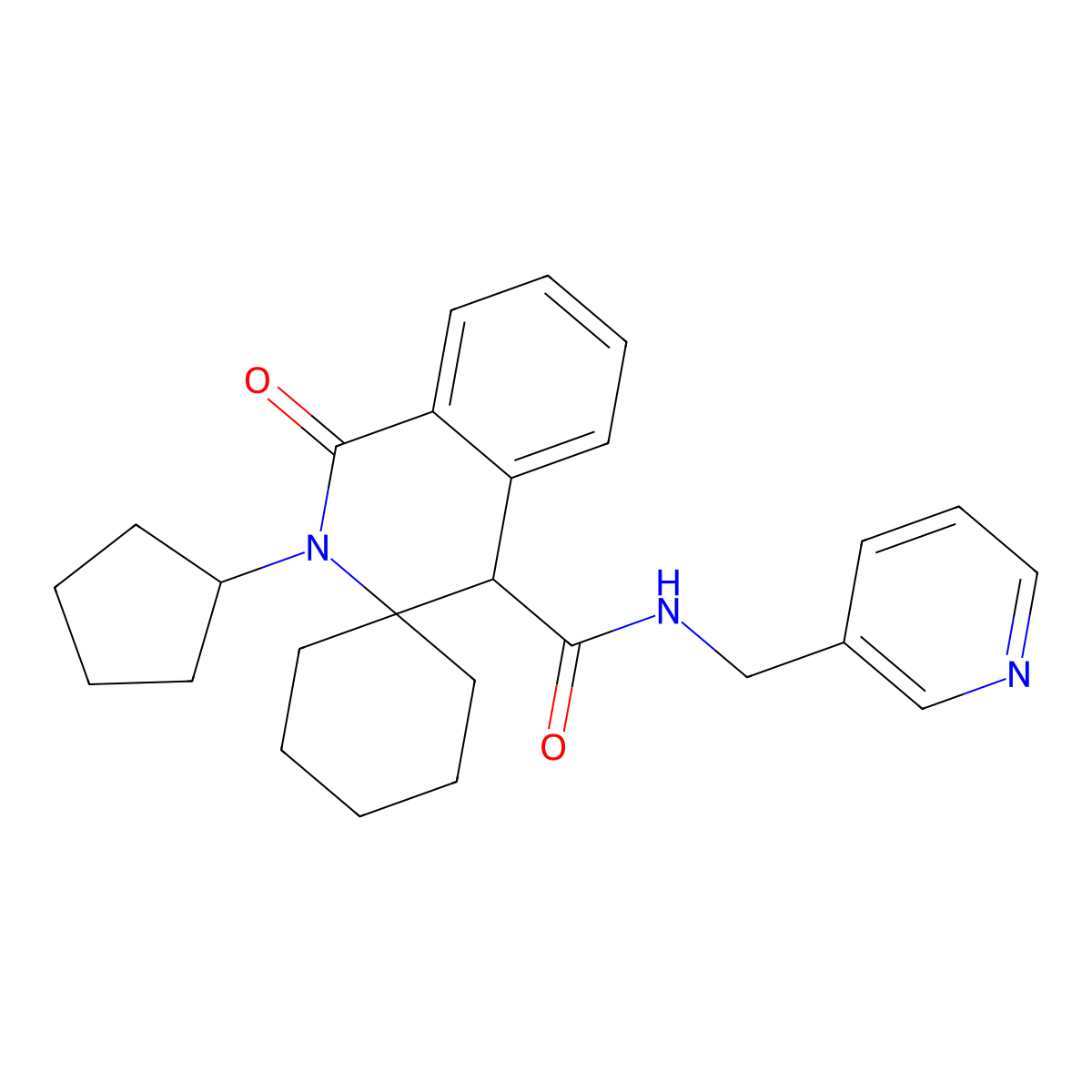 2'-cyclopentyl-1'-oxo-N-(pyridin-3-ylmethyl)-1',4'-dihydro-2'H-spiro[cyclohexane-1,3'-isoquinoline]-4'-carboxamide molecular structure, CAS 1214630-67-7