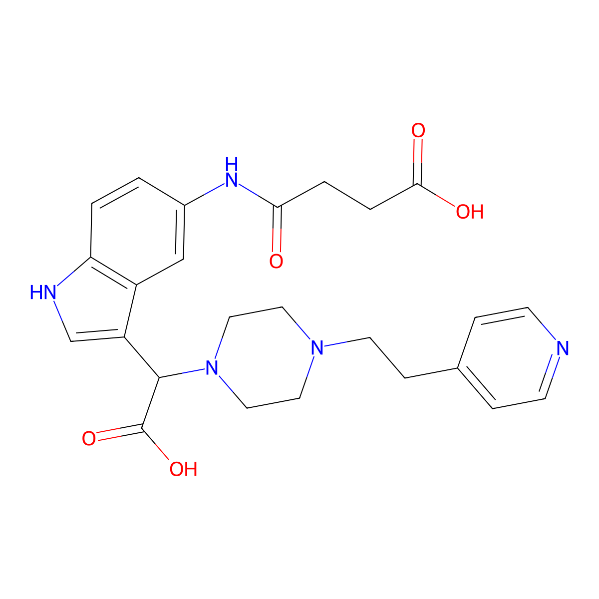 4-((3-(carboxy(4-(2-(pyridin-4-yl)ethyl)piperazin-1-yl)methyl)-1H-indol-5-yl)amino)-4-oxobutanoic acid molecular structure, CAS 1214645-15-4