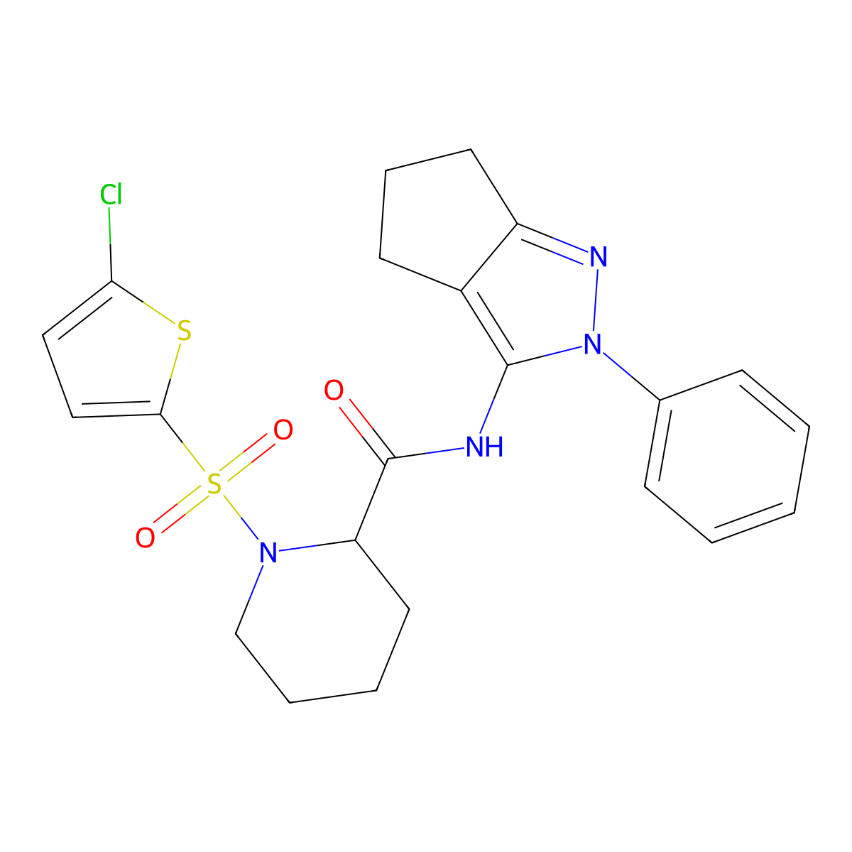 1-((5-chlorothiophen-2-yl)sulfonyl)-N-(2-phenyl-2,4,5,6-tetrahydrocyclopenta[c]pyrazol-3-yl)piperidine-2-carboxamide molecular structure, CAS 1214653-47-0