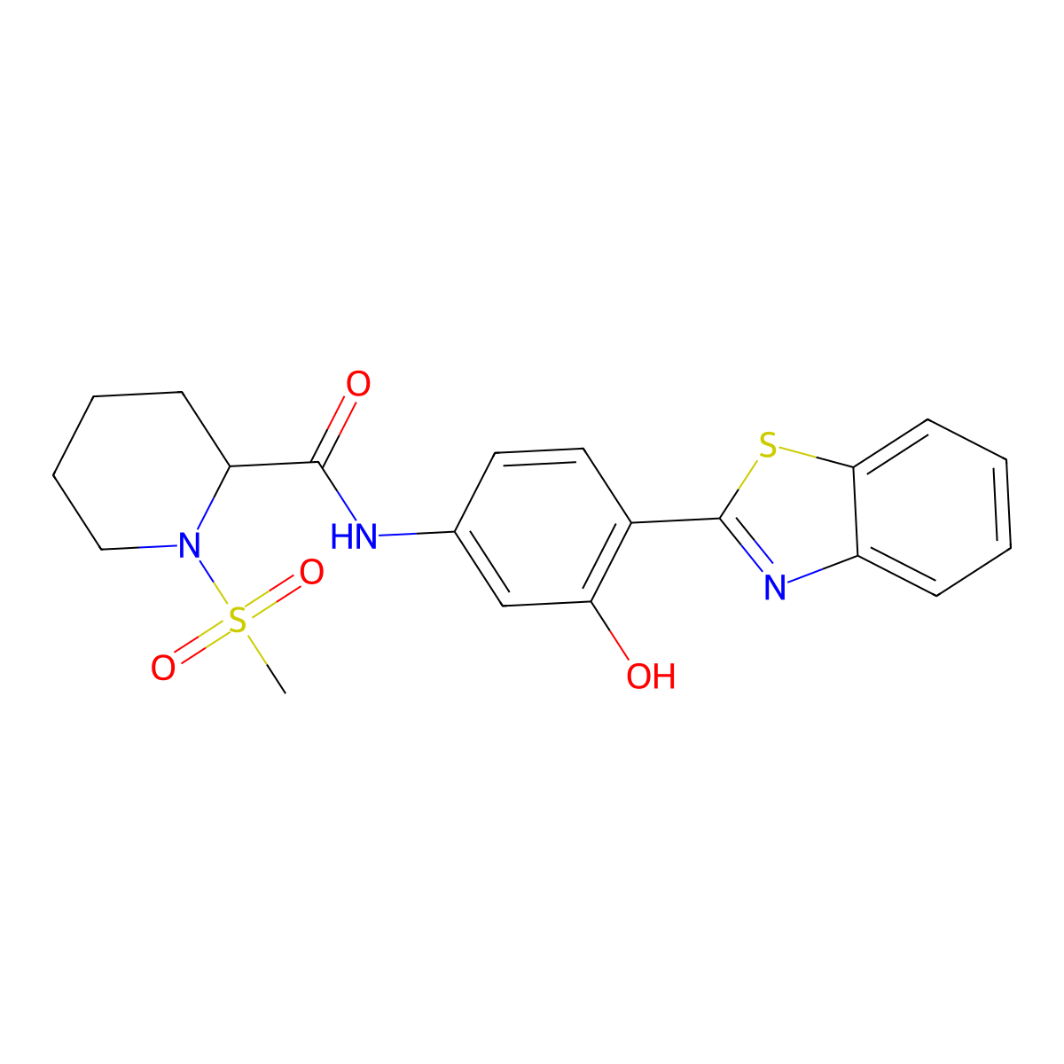 N-(4-(benzo[d]thiazol-2-yl)-3-hydroxyphenyl)-1-(methylsulfonyl)piperidine-2-carboxamide molecular structure, CAS 1214674-20-0