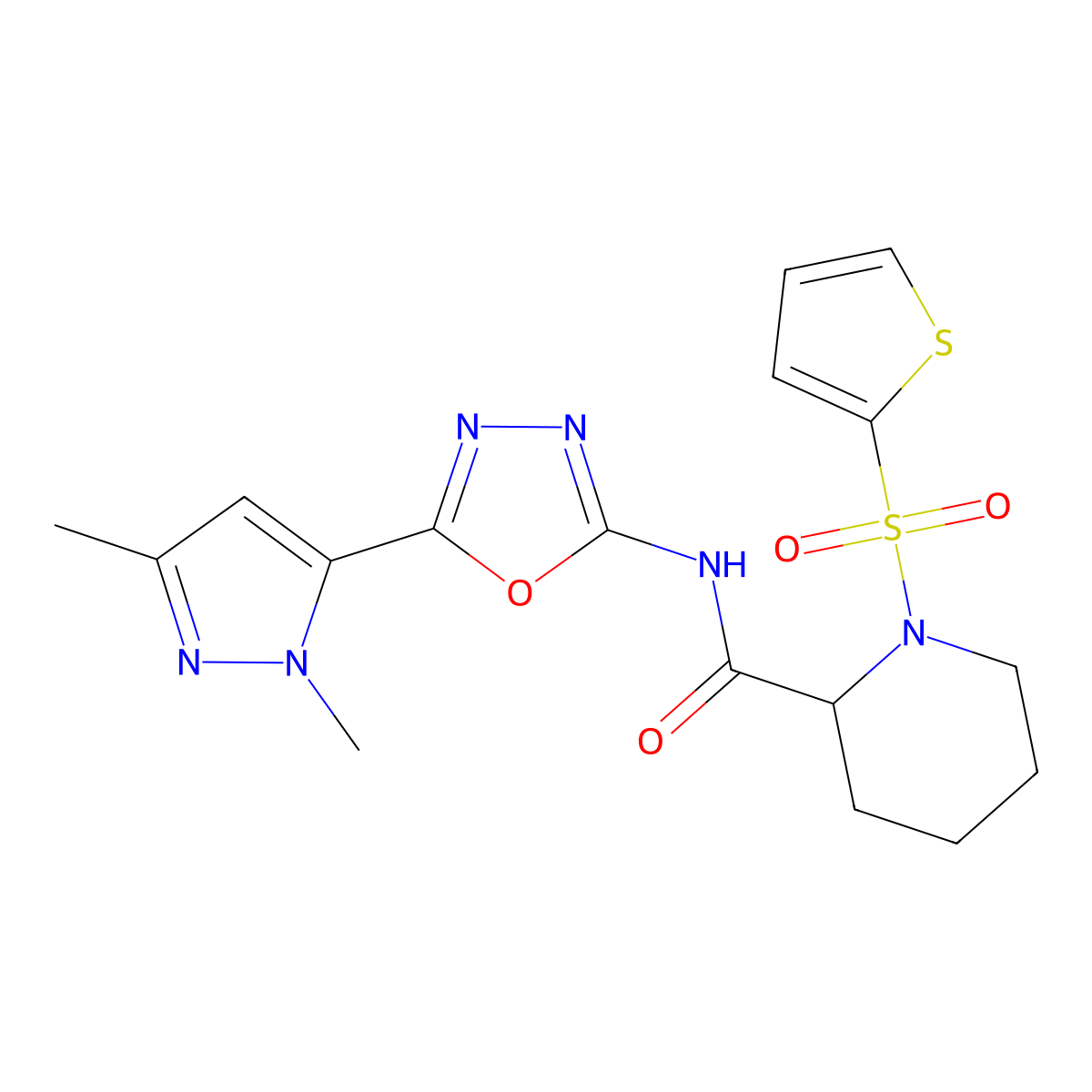 N-(5-(1,3-dimethyl-1H-pyrazol-5-yl)-1,3,4-oxadiazol-2-yl)-1-(thiophen-2-ylsulfonyl)piperidine-2-carboxamide molecular structure, CAS 1214677-57-2