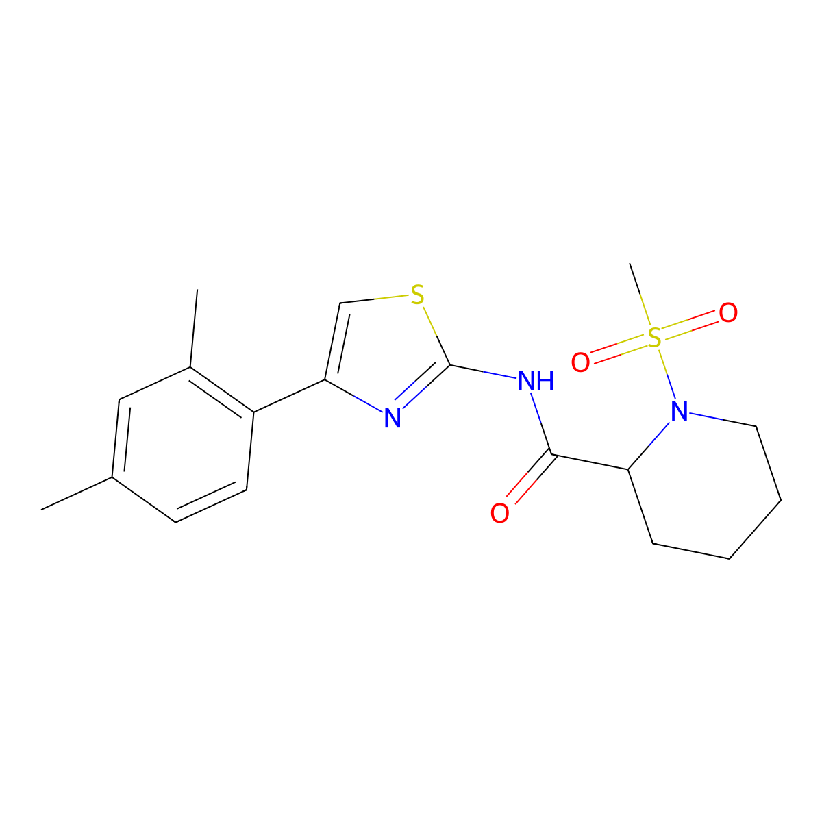N-(4-(2,4-dimethylphenyl)thiazol-2-yl)-1-(methylsulfonyl)piperidine-2-carboxamide molecular structure, CAS 1214686-53-9