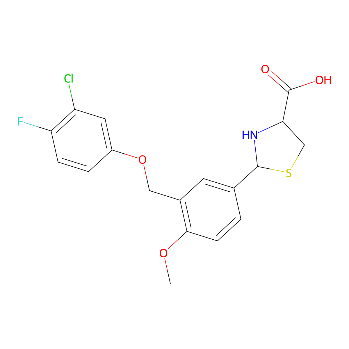 2-{3-[(3-Chloro-4-fluorophenoxy)methyl]-4-methoxyphenyl}-1,3-thiazolidine-4-carboxylic acid molecular structure, CAS 1214689-57-2