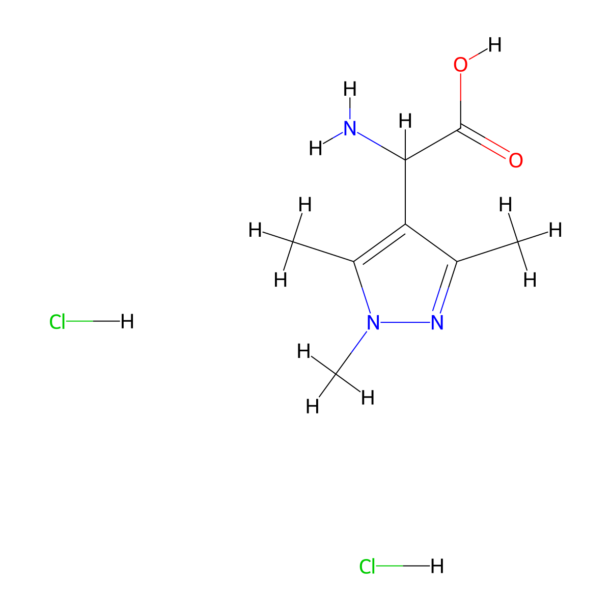 2-amino-2-(trimethyl-1H-pyrazol-4-yl)acetic acid dihydrochloride molecular structure, CAS 1214701-09-3