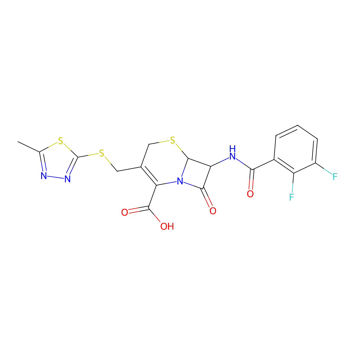 7-{[(2,3-Difluorophenyl)carbonyl]amino}-3-{[(5-methyl-1,3,4-thiadiazol-2-yl)sulfanyl]methyl}-8-oxo-5-thia-1-azabicyclo[4.2.0]oct-2-ene-2-carboxylic acid molecular structure, CAS 1214816-92-8