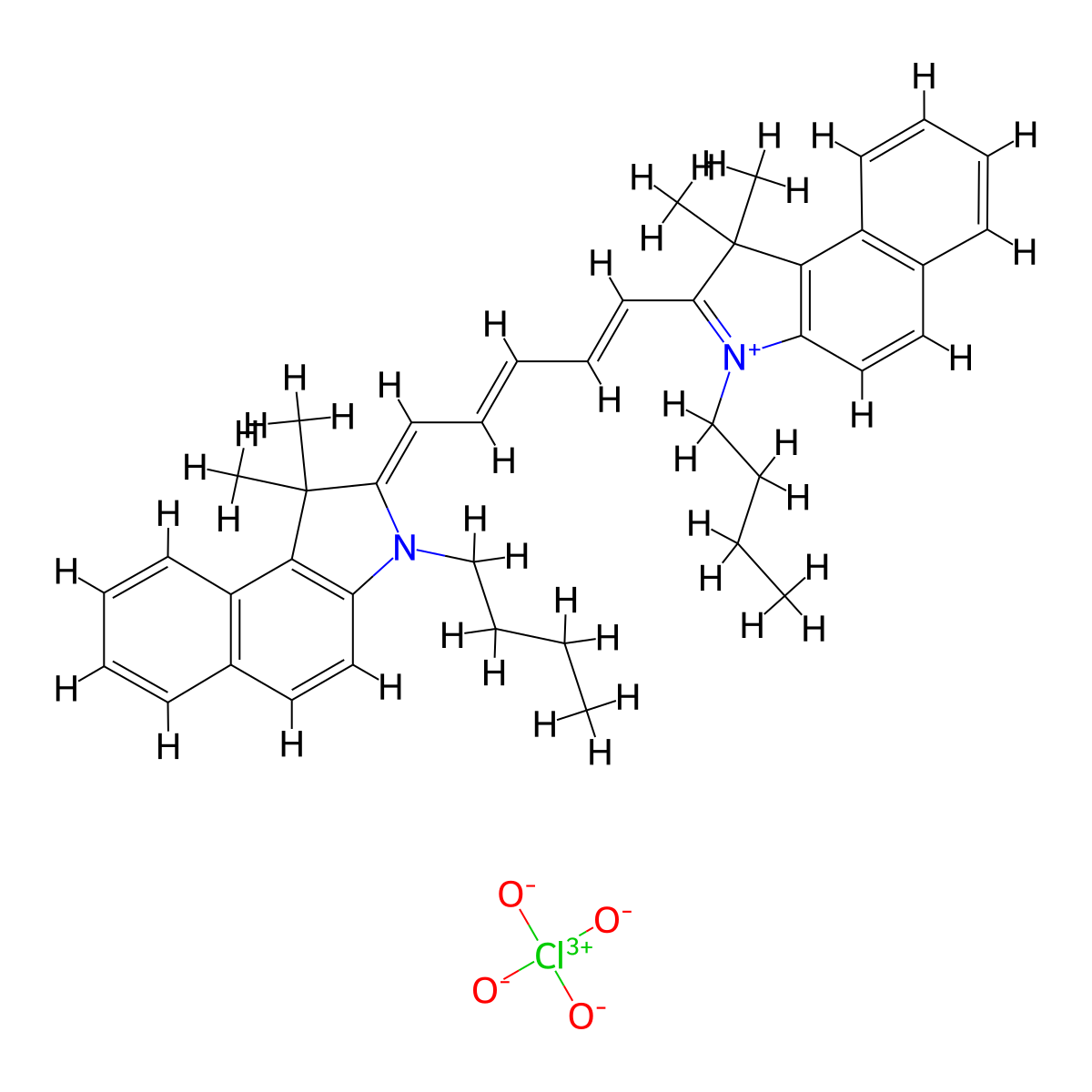 3-Butyl-2-[5-(3-butyl-1,3-dihydro-1,1-dimethyl-2H-benzo[e]indol-2-ylidene)-penta-1,3-dienyl]-1,1-dimethyl-1H-benzo[e]indolium perchlorate molecular structure, CAS 121482-73-3